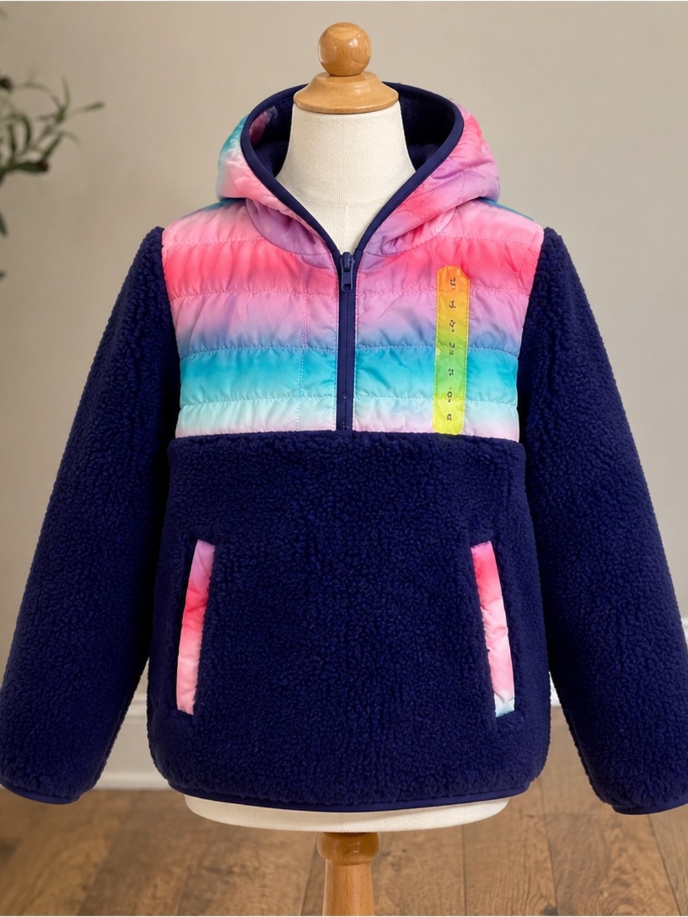 Kids Navy Sherpa Hoodie with Rainbow Ombre Hood